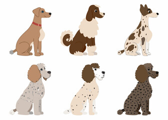 Collection of six different cartoon dogs sitting and looking to the side