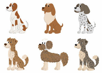 Collection of six cartoon dogs with different breeds and patterns