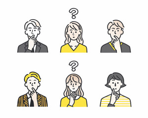 Diverse people thinking with question marks above their heads