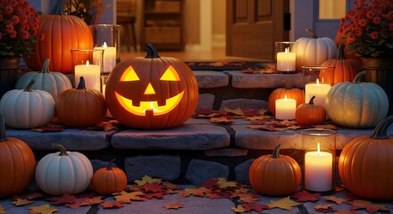 Obraz premium Halloween Night with Glowing Jack-o-Lanterns and Autumn Decorations.