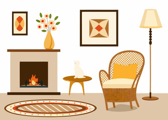 Cozy living room scene with fireplace armchair cat and lamp