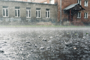 rain in the city, the flow of water along the city street during a downpour, bubbles, drops and...