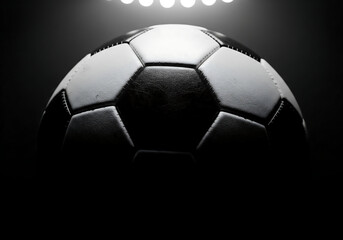 Fototapeta premium Dynamic Soccer Ball Spotlight Scene – High Contrast Stadium Lighting, Long Shadow Effect, Modern Digital Art for International Football Poster, Banner and Sports Promotion Design