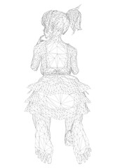 A cute girl in a dress strikes a pose, rendered in a low polygonal wireframe style against a white background.
