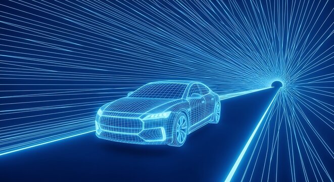 Futuristic Electric Car in a Digital Tunnel with Glowing Blue Lines, Representing Advanced Technology and Connectivity.