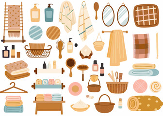 Collection of bathroom accessories and textiles in a flat design style