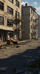 Abandoned urban street with derelict buildings and scattered debris