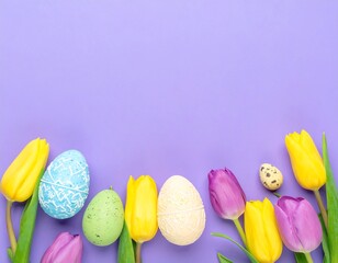Easter eggs and tulips on a purple background