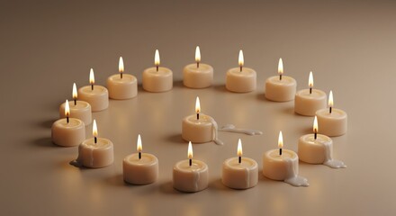 Circular arrangement of lit tea candles on a neutral background  