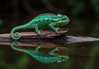 Fototapeta premium Emerald Chameleon: Reflection of the Wild