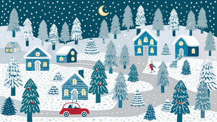 Charming winter village scene with snow covered houses and trees under a starry night sky