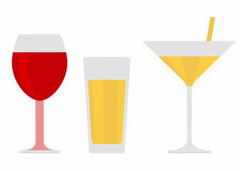 Three different types of alcoholic drinks in glasses on white background