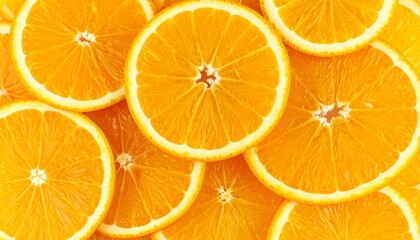 A vibrant, hyper-realistic close-up of fresh, juicy orange slices arranged in a beautiful, overlapping pattern, showcasing their bright citrus texture