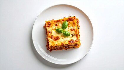 Delicious lasagna with basil on a plate against a white background