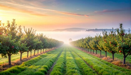 Fototapeta premium Golden morning sunlight illuminates a serene fruit tree orchard with perfectly aligned rows stretching towards a foggy horizon, showcasing the peaceful and idyllic beauty of farming and nature at dawn