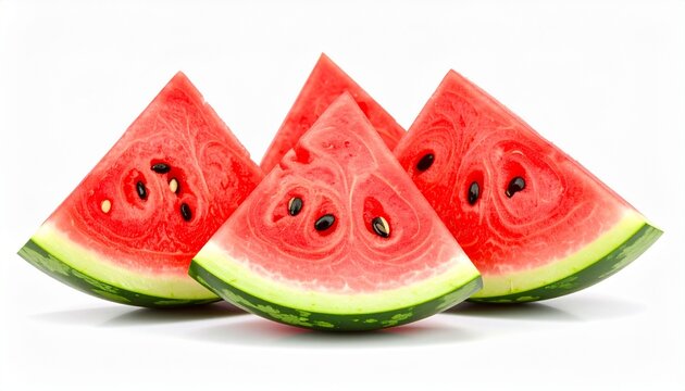 Deliciously ripe and juicy triangular slices of fresh watermelon, a healthy summer fruit with vibrant red flesh and seeds, set against a pristine white studio background