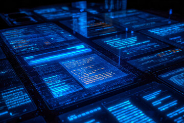 Close-up of illuminated digital screens displaying data and code in a futuristic setting
