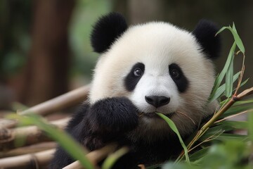 Fototapeta premium Adorable Giant Panda Portrait: A Gentle Herbivore Eating Bamboo Leaves in Lush Habitat