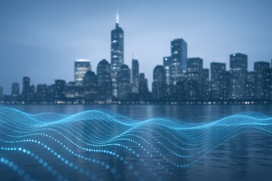 Futuristic Cityscape with Digital Waves: Modern Urban Technology and Communication Concept