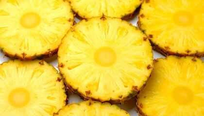 A vibrant arrangement of fresh-cut pineapple slices showcasing their juicy texture and detailed fibrous core. A bright, tropical fruit background