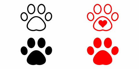Set of four dog paw print icons in black and red