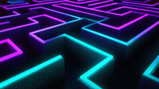 Colorful Neon Maze Pattern in Digital Art, Futuristic Design with Glowing Lines, Abstract Background, Technology Inspired, Mysterious Pathways