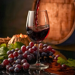 Rich red wine elegantly pouring into crystal glass surrounded by fresh grapes and warm candle light.