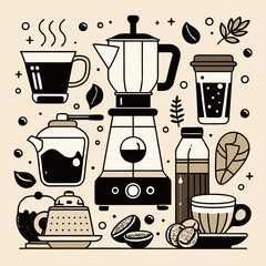 Assorted coffee brewing equipment and beverages illustration in flat style