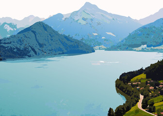 Serene lake surrounded by majestic mountains and lush green hills © bashanti