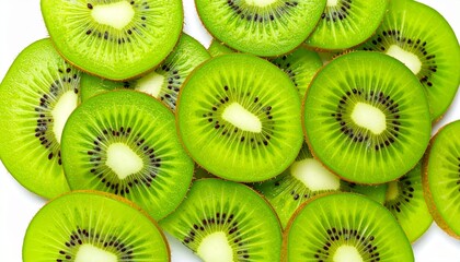 Fototapeta premium A vibrant arrangement of freshly cut kiwi fruit slices showcasing their bright green flesh and detailed black seeds on a white background
