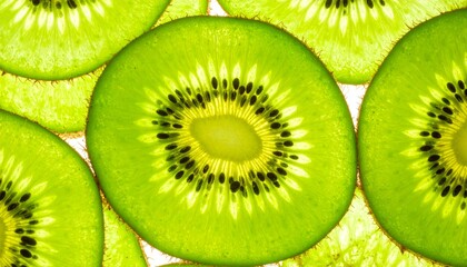Detailed macro shot of fresh kiwi fruit slices, showcasing the vibrant, translucent green texture and intricate pattern of seeds