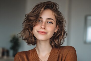 Attractive Woman with Medium Bob Hairstyle, Warm Sweater, Soft Makeup, Smiling Portrait in Natural Light
