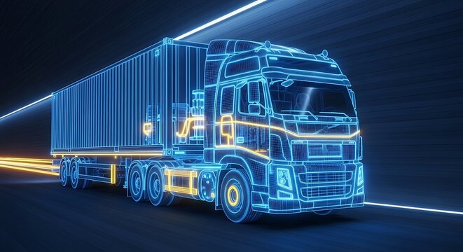 Futuristic semi truck with a glowing blue wireframe design driving on a digital highway.
