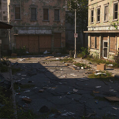 Abandoned urban street with debris and overgrown vegetation