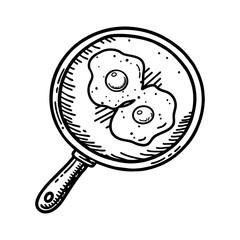 Frying pan and fried eggs, black and white illustration