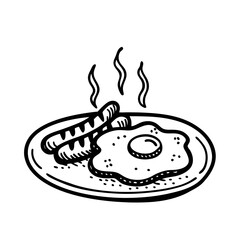 Sausage and fried egg, black and white illustration