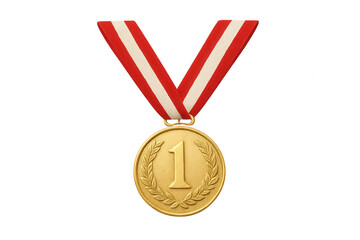 Gold medal featuring number one, laurel wreath attached to red-white ribbon, symbolizing triumph against transparent backdrop