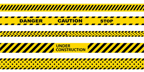Collection of yellow and black caution tape designs for safety and construction