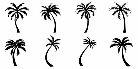 Collection of eight black silhouette palm trees on a white background