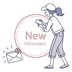 Vector art of a young woman checks her phone for new messages, with an envelope icon indicating a notification, set against a clean, white backdrop