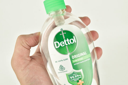 13-09-2025 New Delhi, India :- Dettol hand sanitizer in hand on white background 