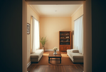 Cozy living room with sofas, table, cabinet, and natural light