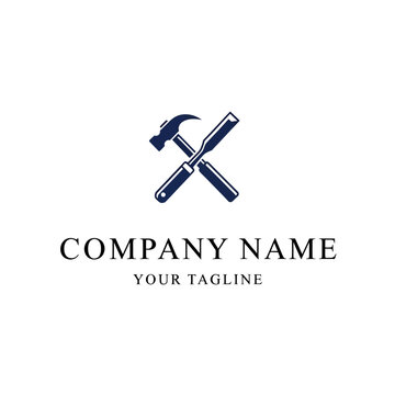 Hammer and chisel crossed logo design for construction or carpentry company.