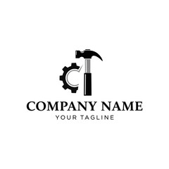 A minimalist black and white logo design featuring a hammer and a mechanical gear, ideal for an industrial or construction company.