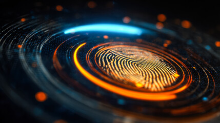 Digital fingerprint scan with vibrant light effects and glowing data circles