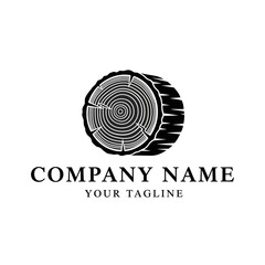 A black and white logo design featuring a detailed cross-section of a tree trunk with growth rings and placeholder text for a company name and tagline.