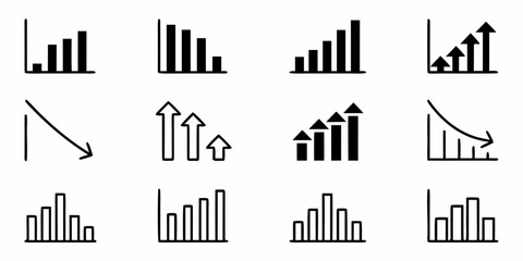 Collection of hand drawn bar graphs and arrow icons showing growth and decline