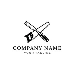 Logo design featuring a crossed saw and chisel, suitable for a woodworking company.