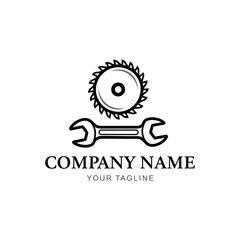 Fototapeta premium A black and white logo design featuring a circular saw blade and a wrench, symbolizing tools, repair, and industry.