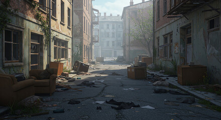 Abandoned urban street with debris and overgrown vegetation